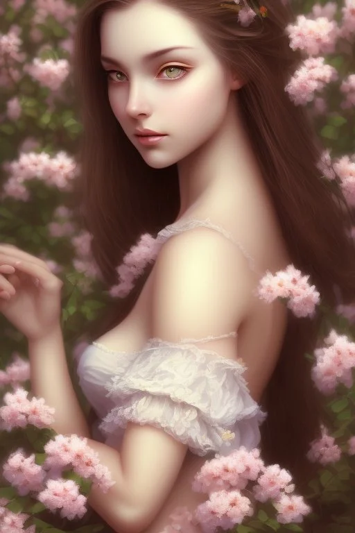 Beautiful Girl in the garden, 18 century, brunette, literally dark hair, dark eyes, fat, smell of sakura, rest, detailed face