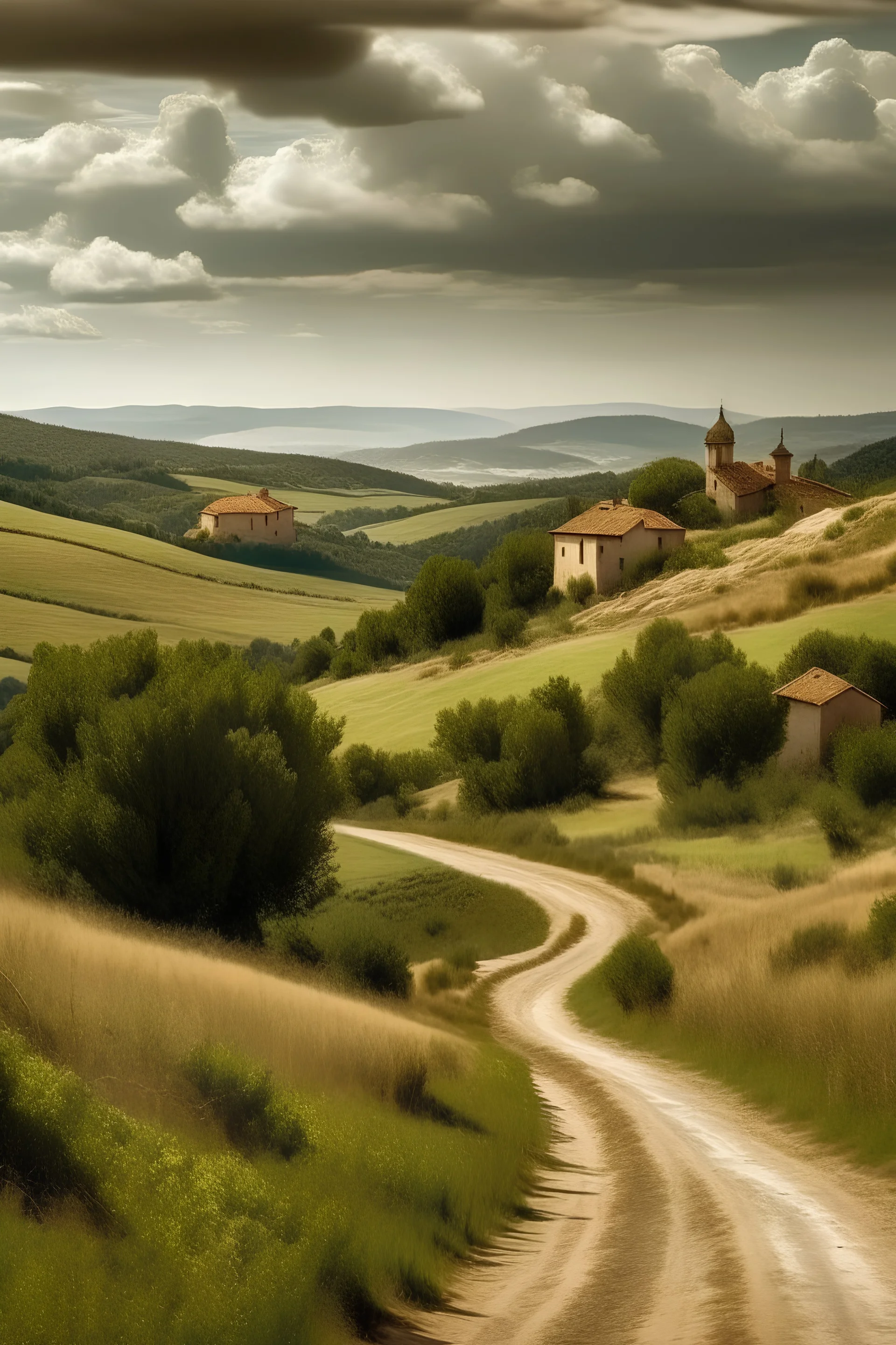 catalonia Landscape. Raw road with old little town in the background far away. View from this road