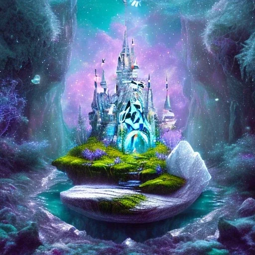 cristal angelic castle crystalline, beau , cosmic, opalescent, opalescent, gemstones, crystals, object, other worldly,water, rock, moss,bright, ice background, neige etang bleu