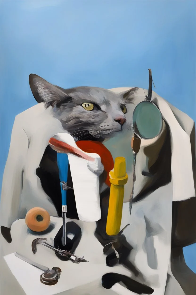 Abstract painting formed by a mix of a cat and human flesh-like surgical instruments and universe-like a pigeon and neuralink, surrealism,minimalism,Painting By Adrian Ghenie, Rene Magritte, Salvador Dali, Lucian Freud