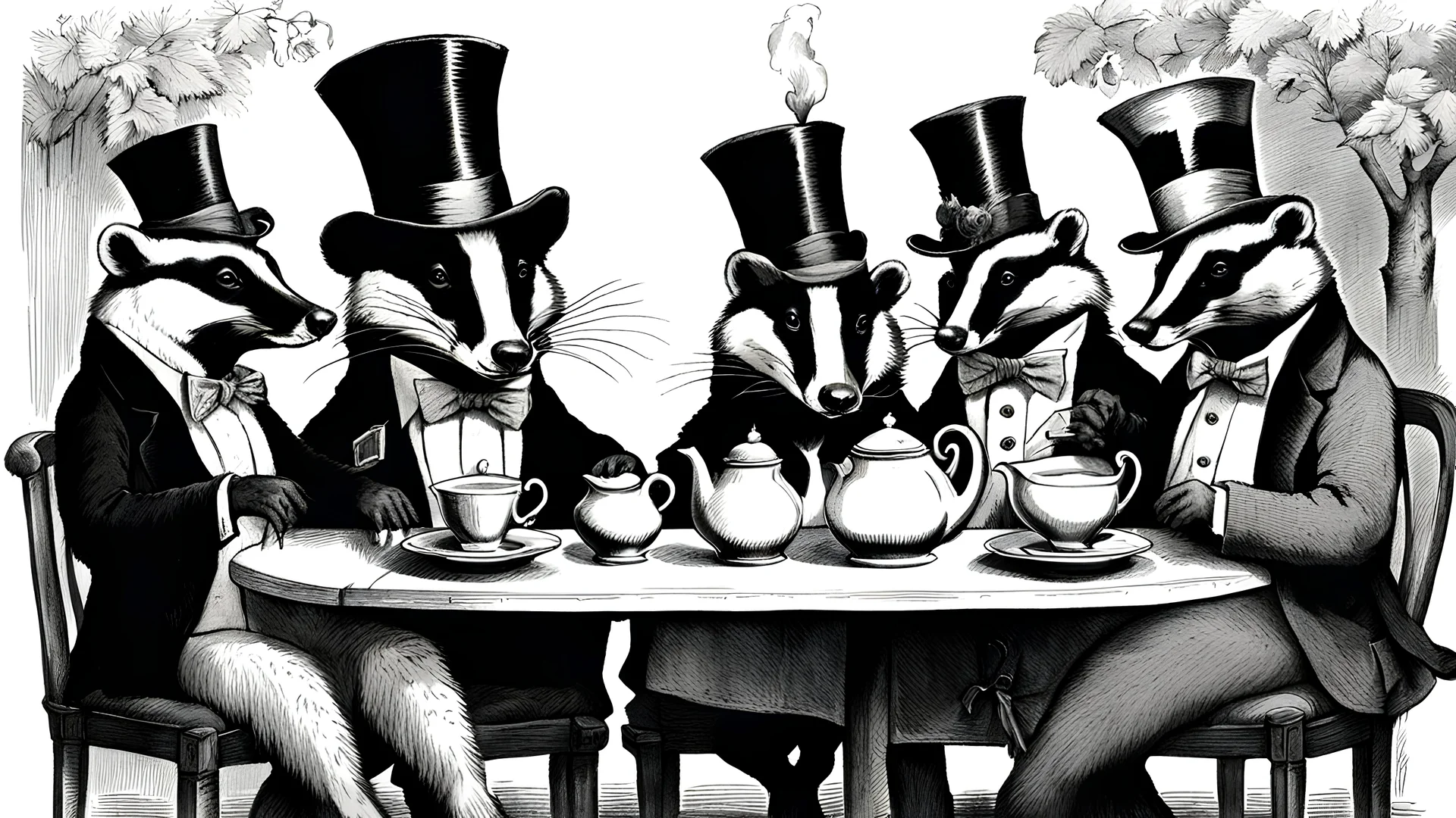 Anthropomorphic European badger wearing a tophat and having a tea party with his other anthropomorphic animal buddies. Etching.