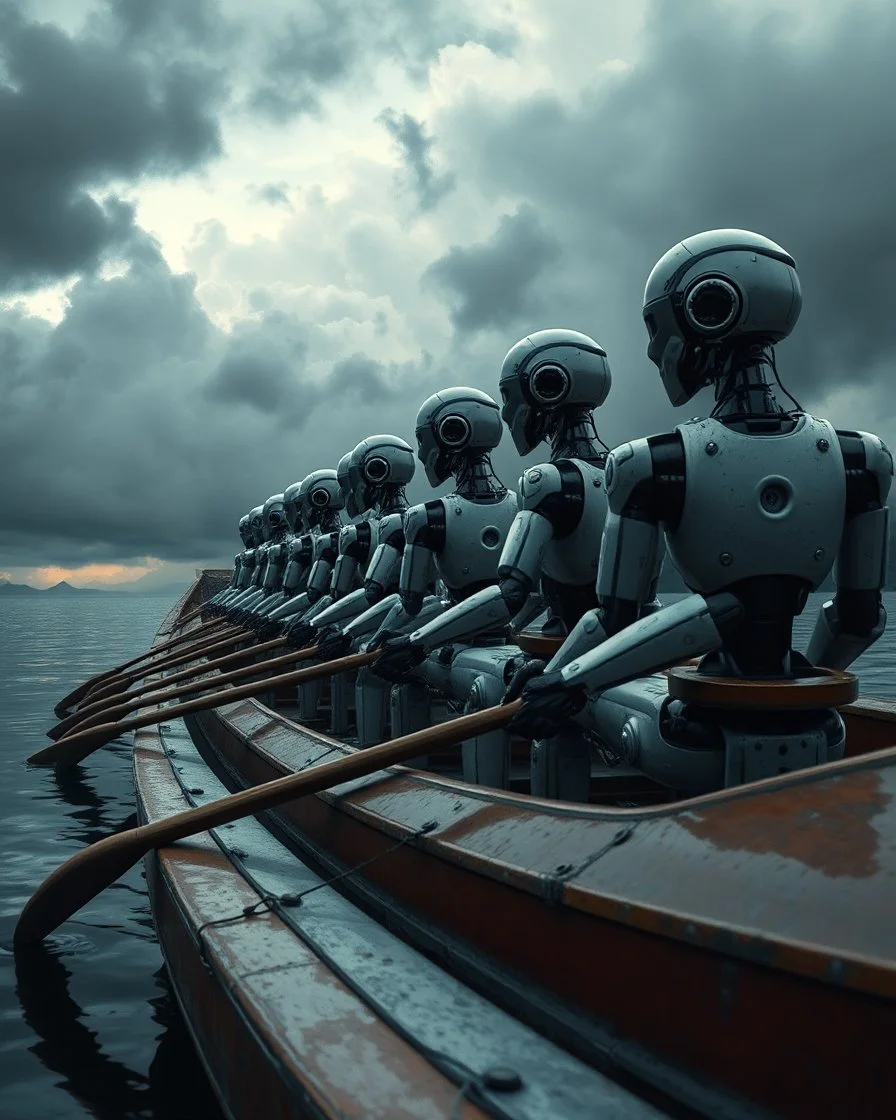 Bosch painting style, nightmare , an Ai robots sitting lined up in line one after another holding The boat's oars , great quality picture with cinematic scenes , heavy clouds in the background