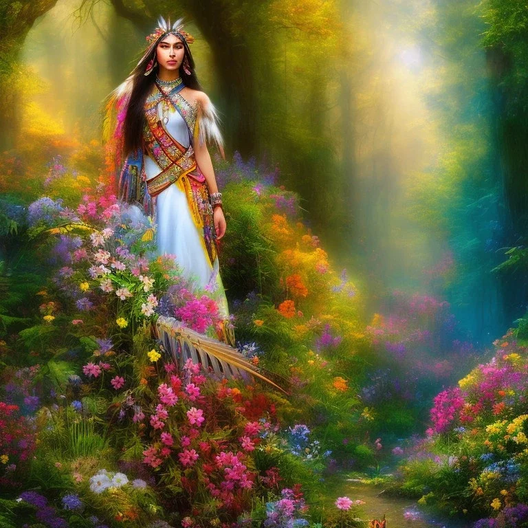 bright native american fairy, beautiful portrait, flowery landscape