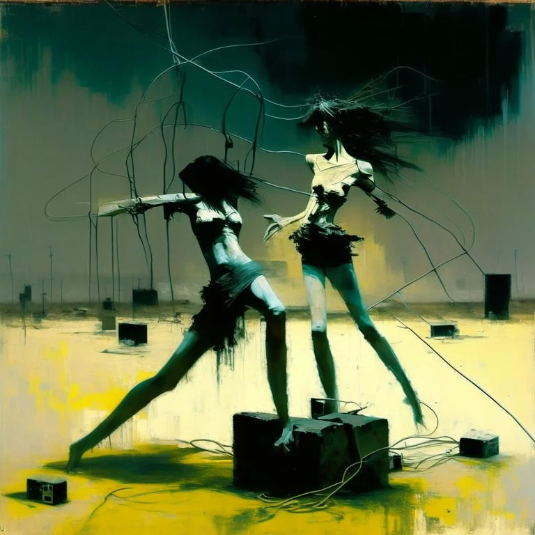 Dystopian future women with a twisted body dancing with retro monitor head and handing wires. In desolate landscape at night. With a concrete decaying blocks. Abstract oil painting in style of Justin Mortimer and Phil Hale