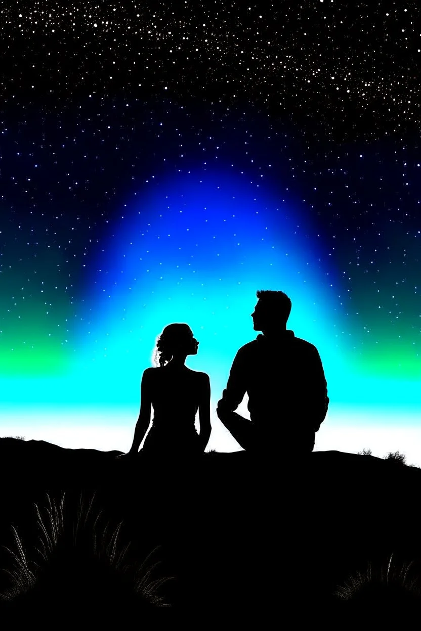 black background on a mountaintop and three silhouettes of a fit man, a silhouette of a fit woman, and silhouette of a Belgian malinois sitting next to the men and the woman looking at the stars