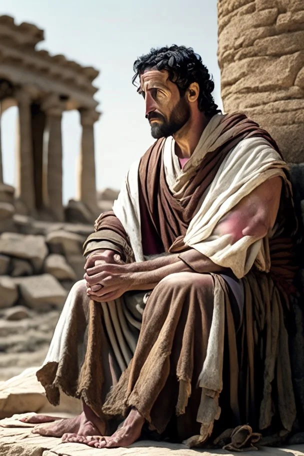 A Roman citizen of the third century, a 30-35-year-old man with kind eyes and a slight smile in poor clothes with a cross around his neck, sits on stones and writes on a papyrus scroll. He is sitting against the background of the ruins of Rome, against the background of the temple of Athena. High-quality 8K image in watercolor technique