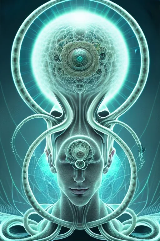 Spiritual sphere with Tentacles over human Head creating reality around, wrapping Tentacles around Human, Dimethyltryptamine