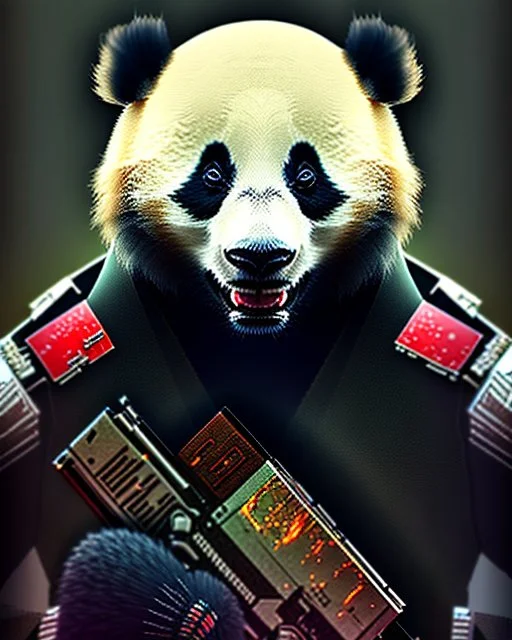 Cool Panda assassin boss in clothes game character, dark lighting , Blender, octane render, high quality masterpiece