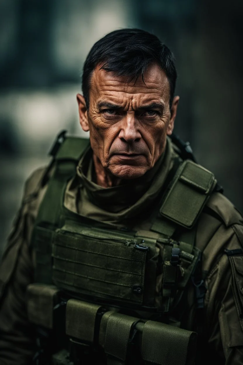 portrait of a 50 year old evil soldier. sneering expression, dark short hair,