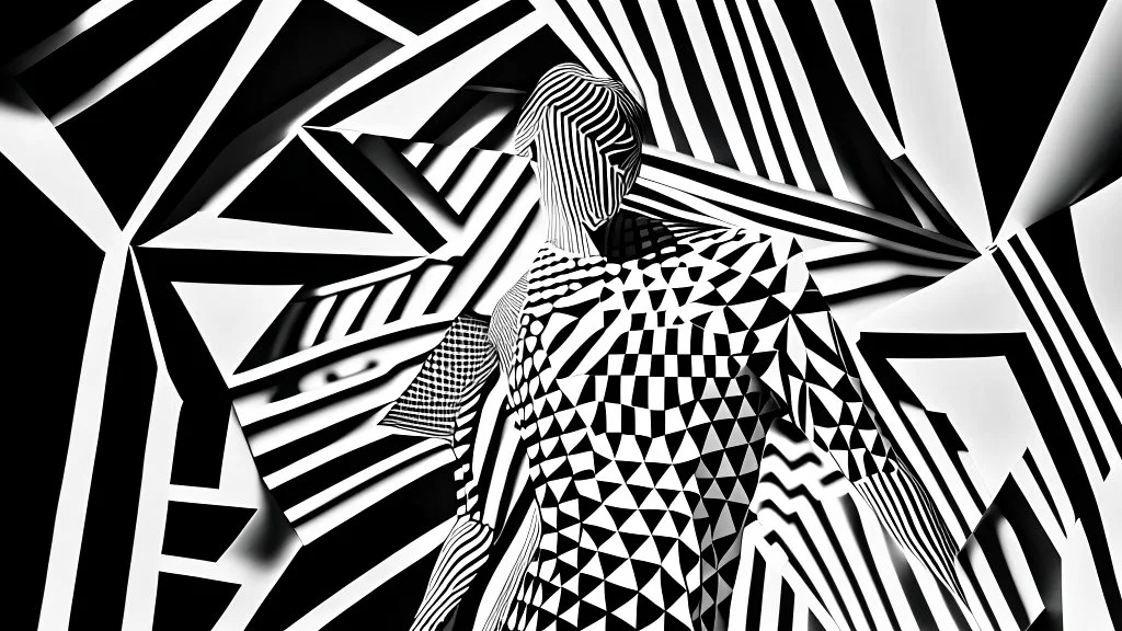 An abstract black and white image showing a person with their body patterned with geometric shapes and lines, creating a striking optical illusion effect.