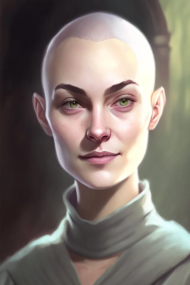 full color portrait drawing, portrait, fantasy setting, 22-year old friendly female human cleric, shaved head, light eyebrows, grey eyes