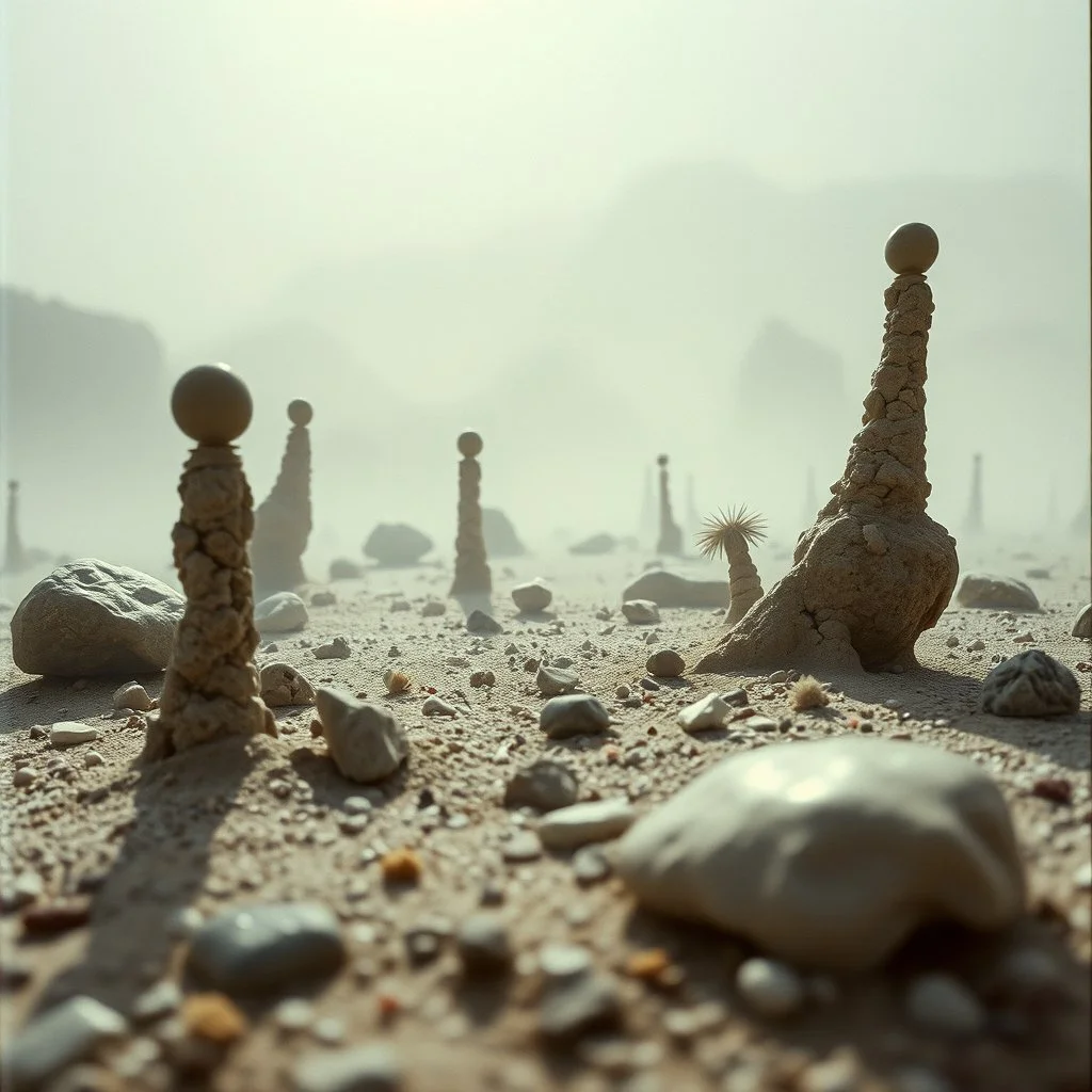 A striking quality close-up Ilford photograph captures a surreal wasteland with odd stones, odd spindle-shaped objects, spooky, creepy, details of the dust very accentuated, glossy, organic, adorned with minerals and rocks, fog. Bathed in feeble light, eerie, Max Ernst style, black sun, fog, volumetric light, octane render