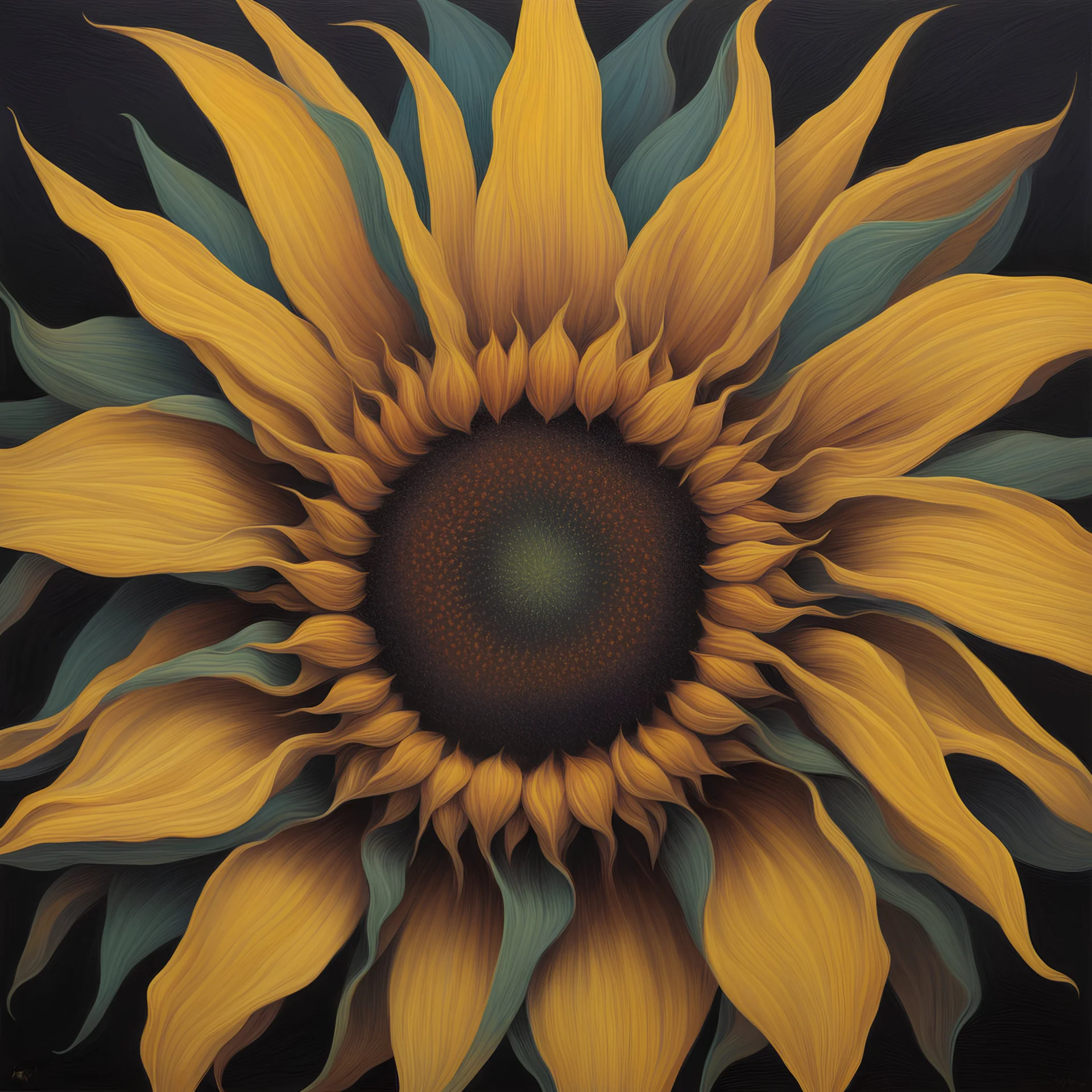 An optical, illusion of ,an abstract, painting of, a sunflower in, the middle, of a desert, with bright, color, contrasts, and high resolution.