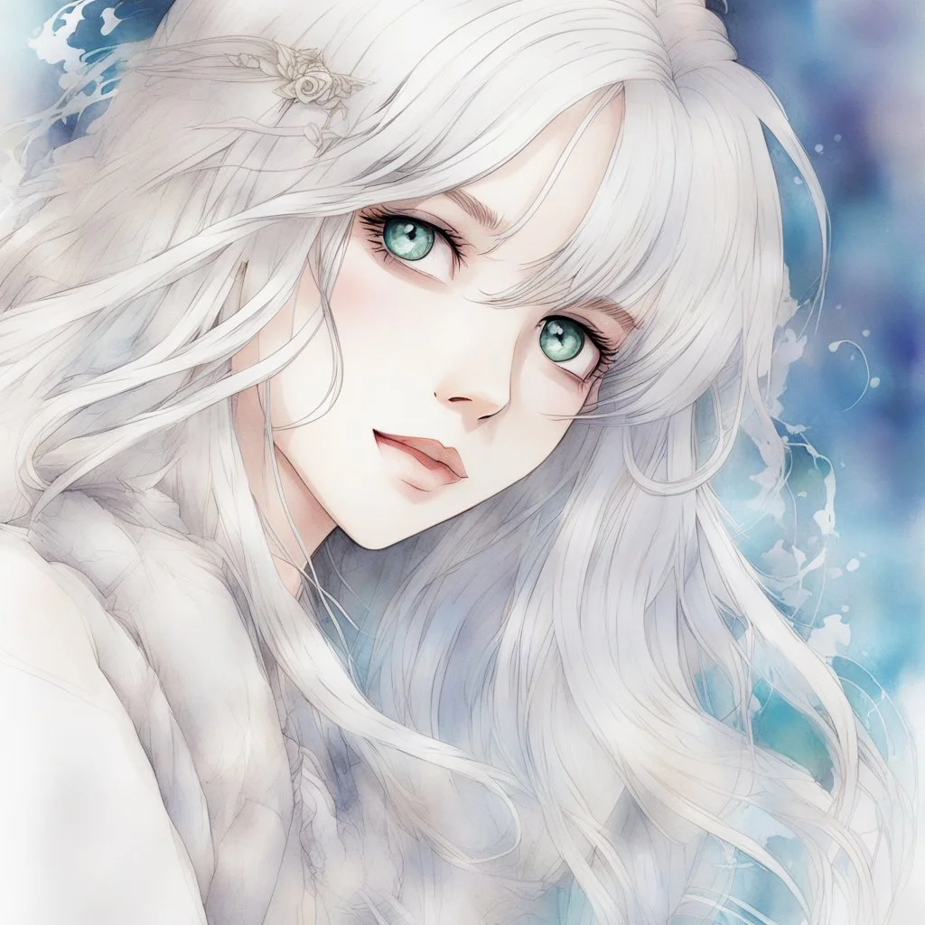 a close-up headshot of a young woman with long white hair, silver eyes, pale skin, a slim delicate build, prone to illness, shy, anime style, intricately detailed, colored sketchy manga style, splotchy watercolor background