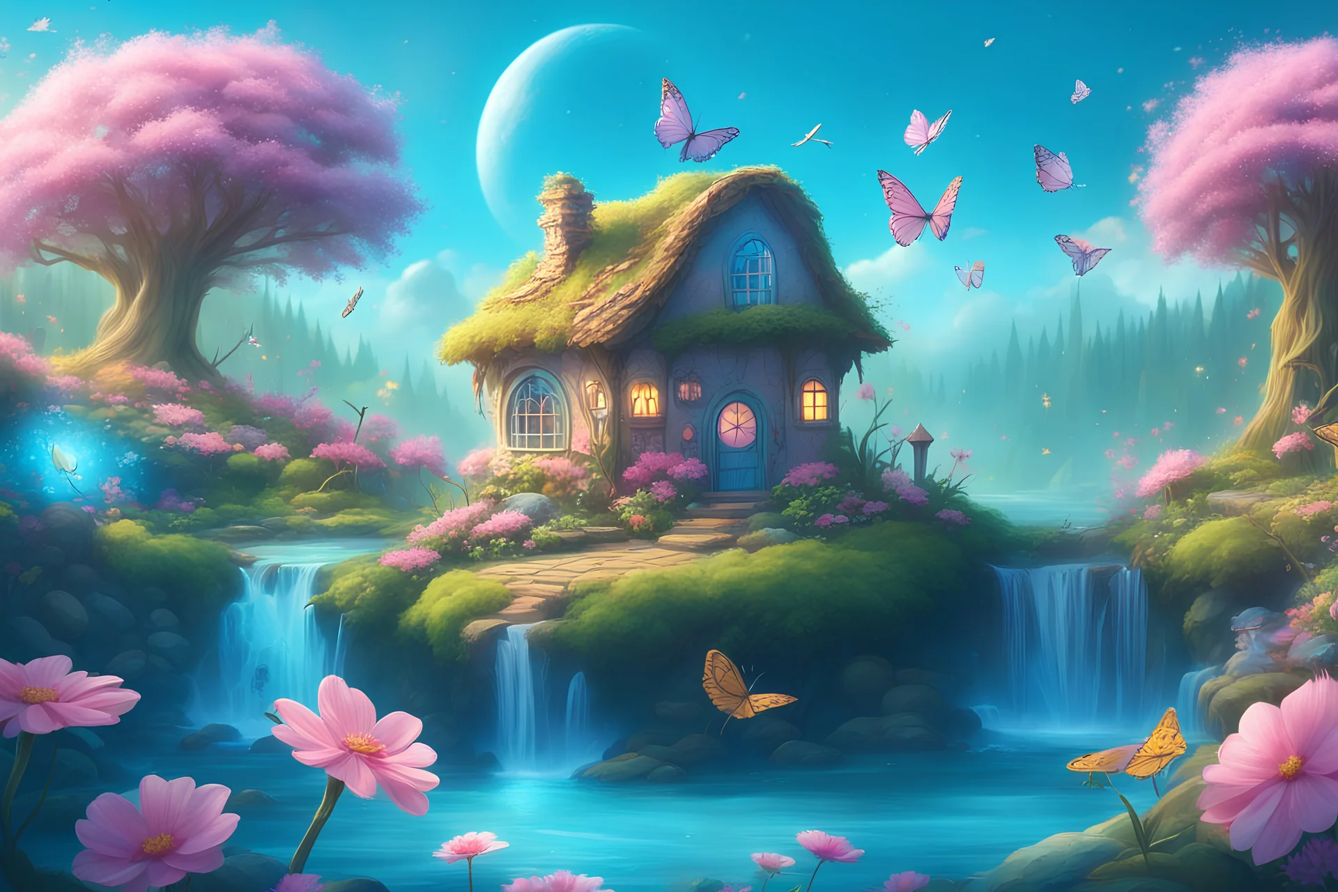 Little fairy house set set in a magical forest. Lots of flowers, birds and butterflies. Sparks of light everywhere. The sky is blue. In the foreground are pink and yellow flowers, then a turquoise river that flows into the forest. To the right, a waterfall near a small wood. Hight definition 8k