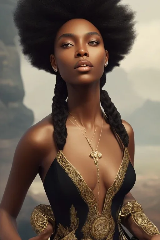 A portrait of a beautiful curvaceous black woman with long black hair, wearing a black dress with a deep v neck, wizard, magical, ethereal, intricate, sharp realistic lighting. Concept art by wlop. Ultra quality 8k.