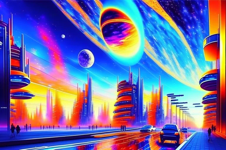 Epic futuristic street, exoplanet in the sky, impressionism painting