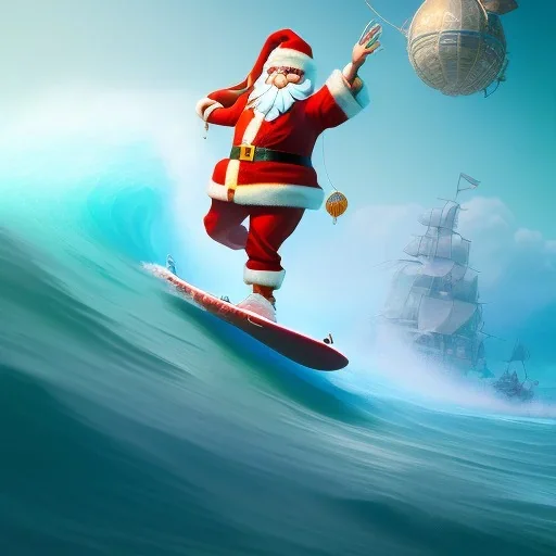 Santa surfing a big wave, surfboard, beach, character design by cory loftis, fenghua zhong, ryohei hase, ismail inceoglu and ruan jia. unreal engine 5, artistic lighting, highly detailed, photorealistic, fantasy