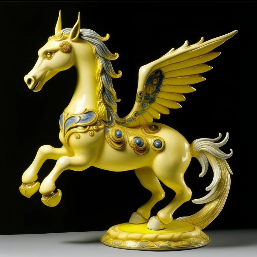 A yellow light elemental winged unicorn designed in African pottery painted by Peter Carl Faberge