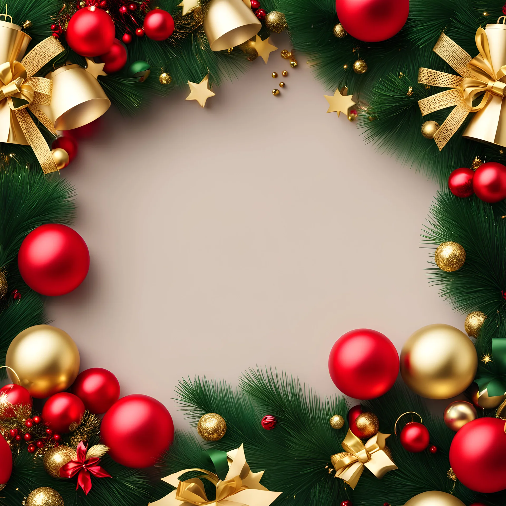 Christmas minimal background, with scattered bells, wreaths, ribbons and ornaments, gold, red and green tones