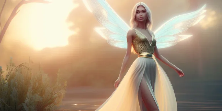 subtle queen, atmospheric, realistic, unreal engine, cinematic lighting, octane render, transparent long dress, blonde, full body, bright wings, smile, long hair