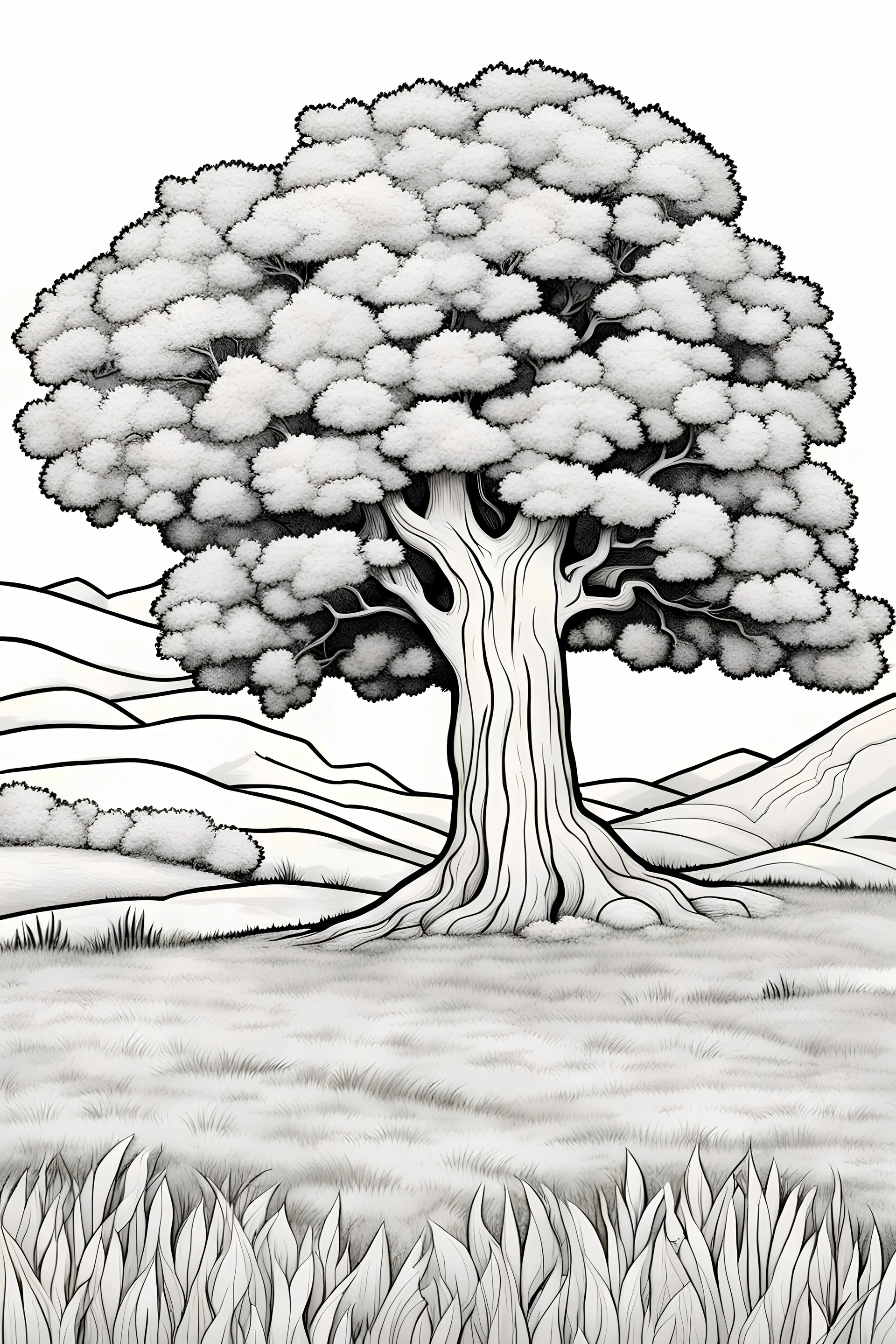 coloring page, tree in a meadow, cartoon style, thick lines, low detail, no shading