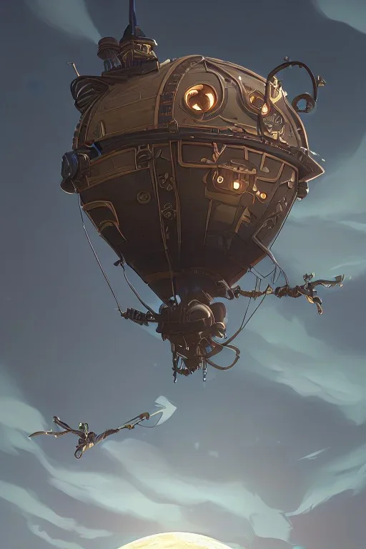 steampunk airship under the moon