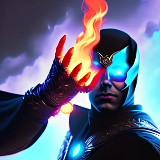 A commander in matte black robes with flaming eyes with flaming light blue pupils stands atop a squire Two infinity gauntlets contain six infinity stones, one of which is made with nano In the hands of a powerful man walking