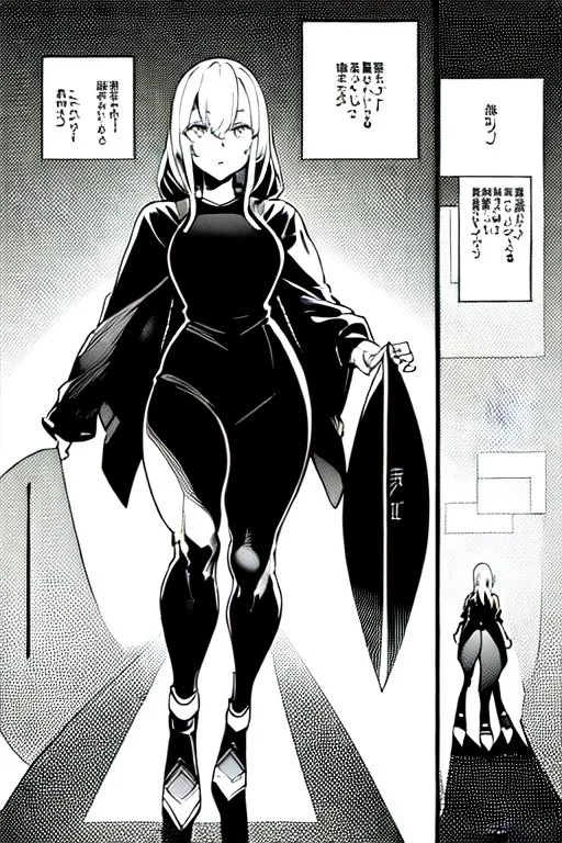 girl walks through portal, manga style, grayscale