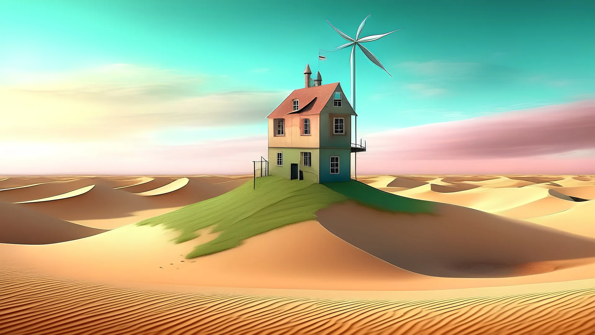 A surreal landscape with a large windmill on stilts over sand dunes, houses partially submerged in sand, and a distorted perspective with a gradient