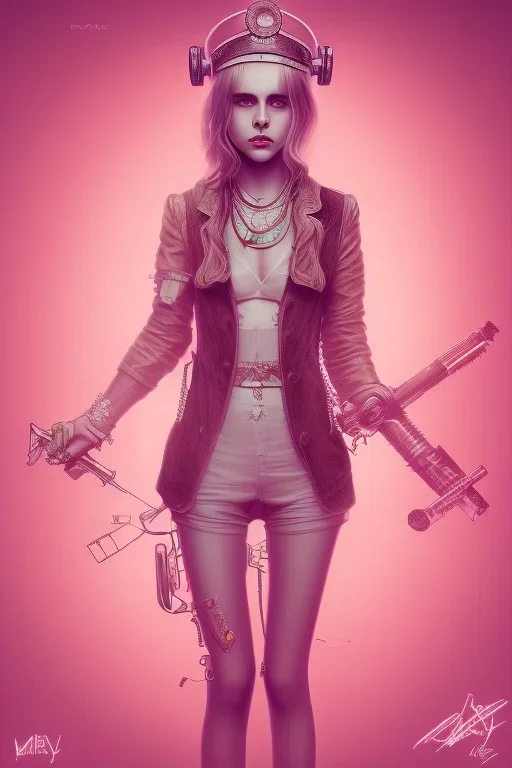 Danish Singer MØ cute in style steampunk, pink tones, high lighting