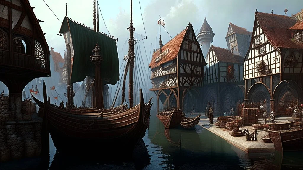 gothic medieval harbour with ships, piers, houses, shops, inns, balconies, plants, people, market