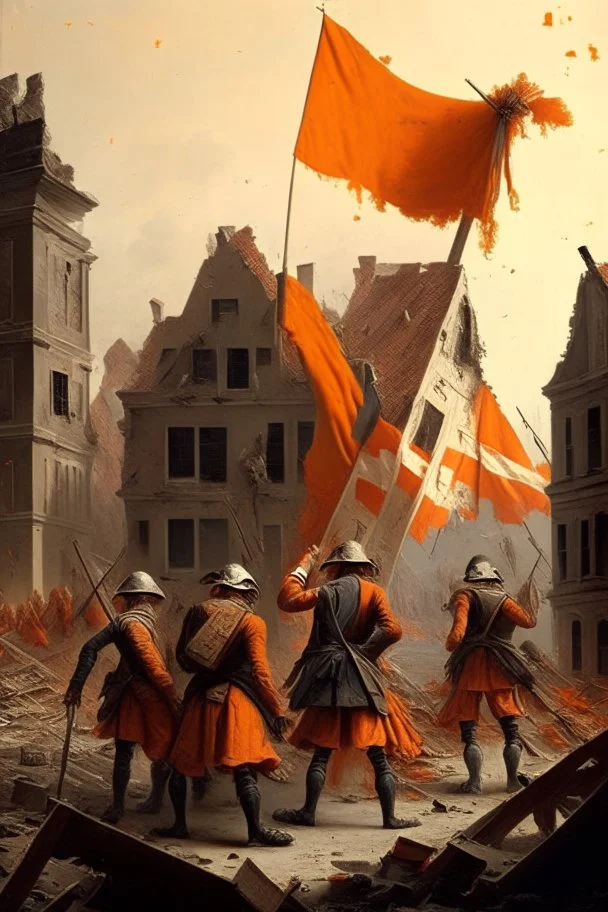 Dutch soldiers from the 1700s putting a orange flag in the middle of a destroyed city