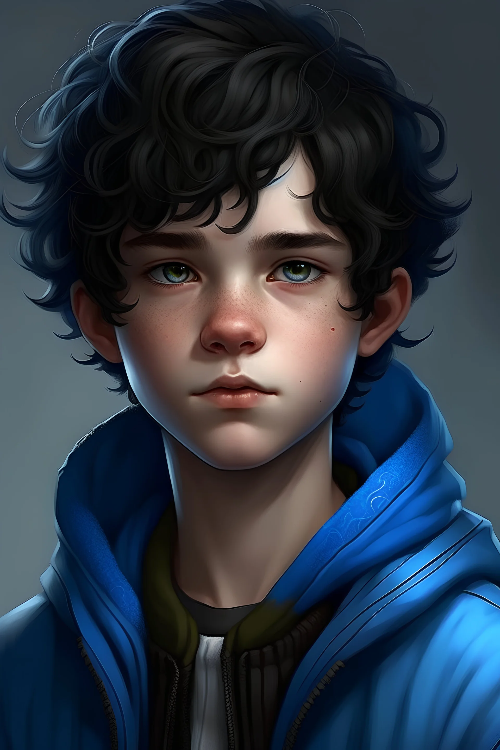 a 14 year old boy, white skin, short curly black hair, blue eyes, well built face, in a blue jacket, realistic epic fantasy style