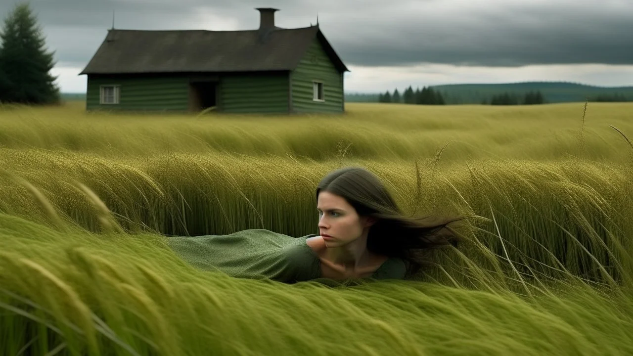 A woman in a green dress lies in a field of tall, golden grass, her dark hair blowing in the wind. In the distance, on a hill, are two gray wooden houses and a barn. The sky is gray and overcast.