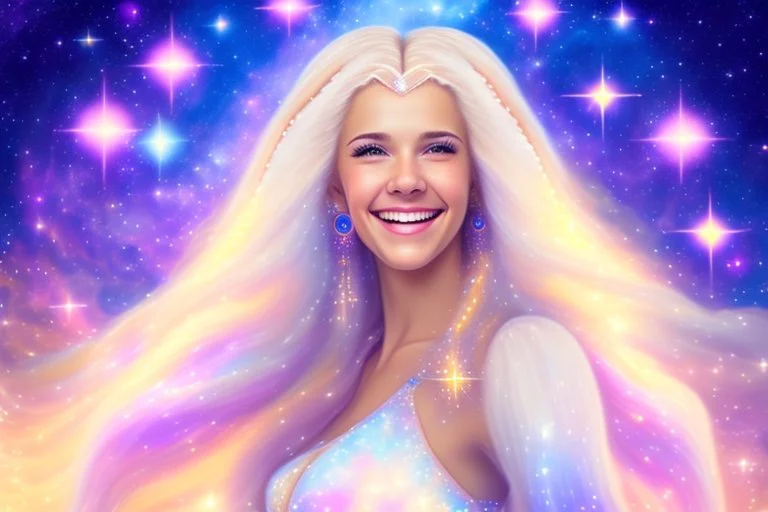 beautiful beautiful cosmic women with white long hair, smiling, with cosmic dress and bright earings. in the background there is a bautiful sky with stars and light beam