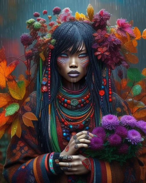 Vibrant autumn foliage in a rain-kissed setting, Ikebana arrangement, Haiku poetry inspiration, Japanese garden elements, autumn asters, Utagawa Hiroshige essence, Isaac Levitan influence, woman with dark skin, tribal markings, mysterious expression, piercing eyes, flowing black hair, colorful beads, layered textiles, bright hues, ornate jewelry, cultural richness, dark, blurred backdrop, GoBi, Наталья И-ва.Mystical character with pale blue scaly skin, icy green eyes, dark eyeliner, cascading da