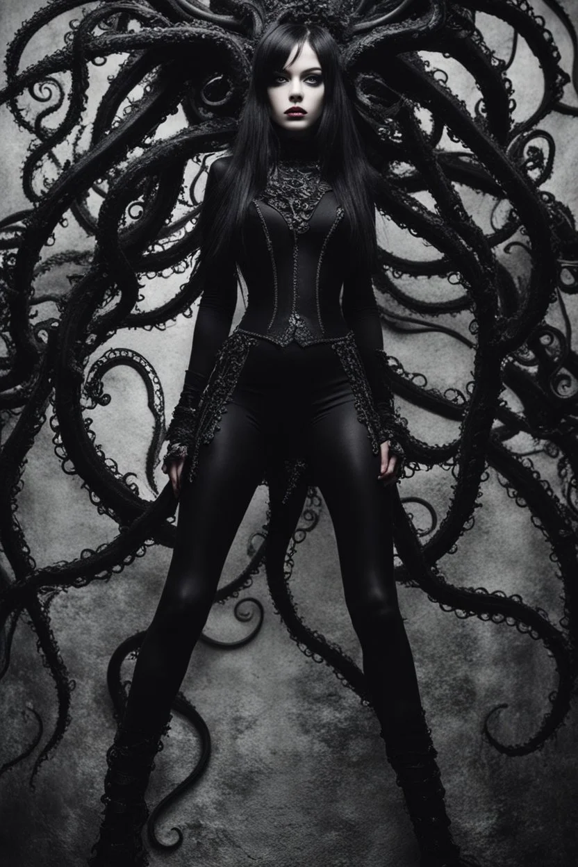 feet point view, Girl goth, fullbody, tentacles out from her, intricate, macro photography,