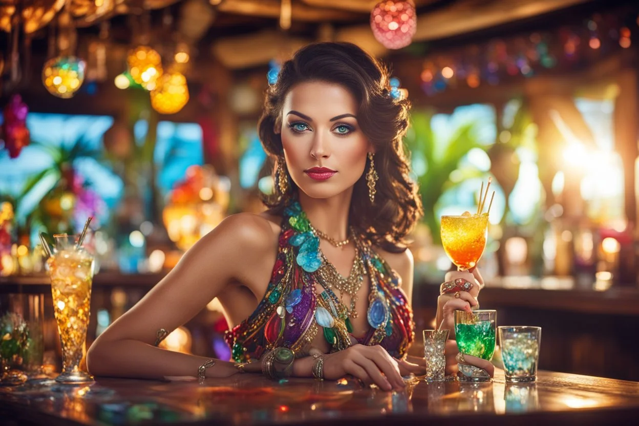 Coloured glass beautiful brunette woman in the tiki bar with cocktails set with gemstones, glittering metal stems and gemstone leaves on a room table sharp focus elegant extremely detailed intricate very attractive beautiful dynamic lighting fantastic view crisp quality exquisite detail gems and jewels S<AI in sunshine Weight:1 Professional photography, bokeh, natural lighting, canon lens, shot on dslr 64 megapixels sharp focus Weight:0.9