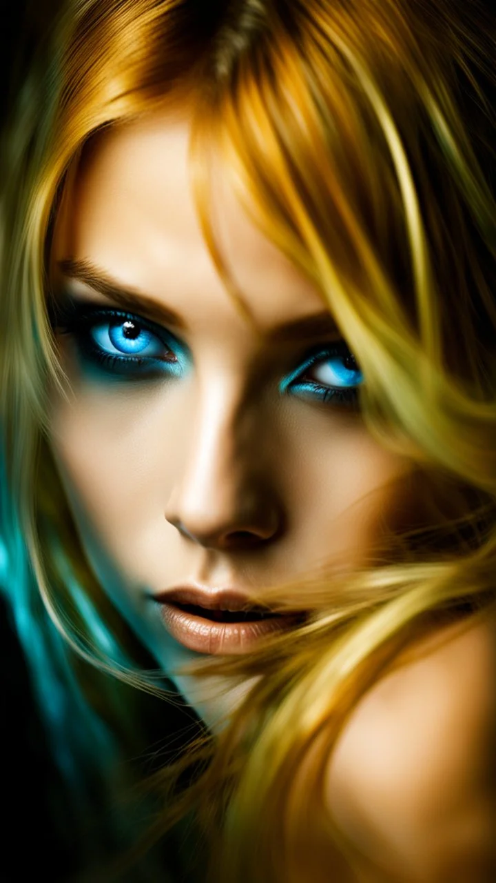 portrait of a pretty young girl with blonde hair one blue eye and one brown eye. Dark fantasy