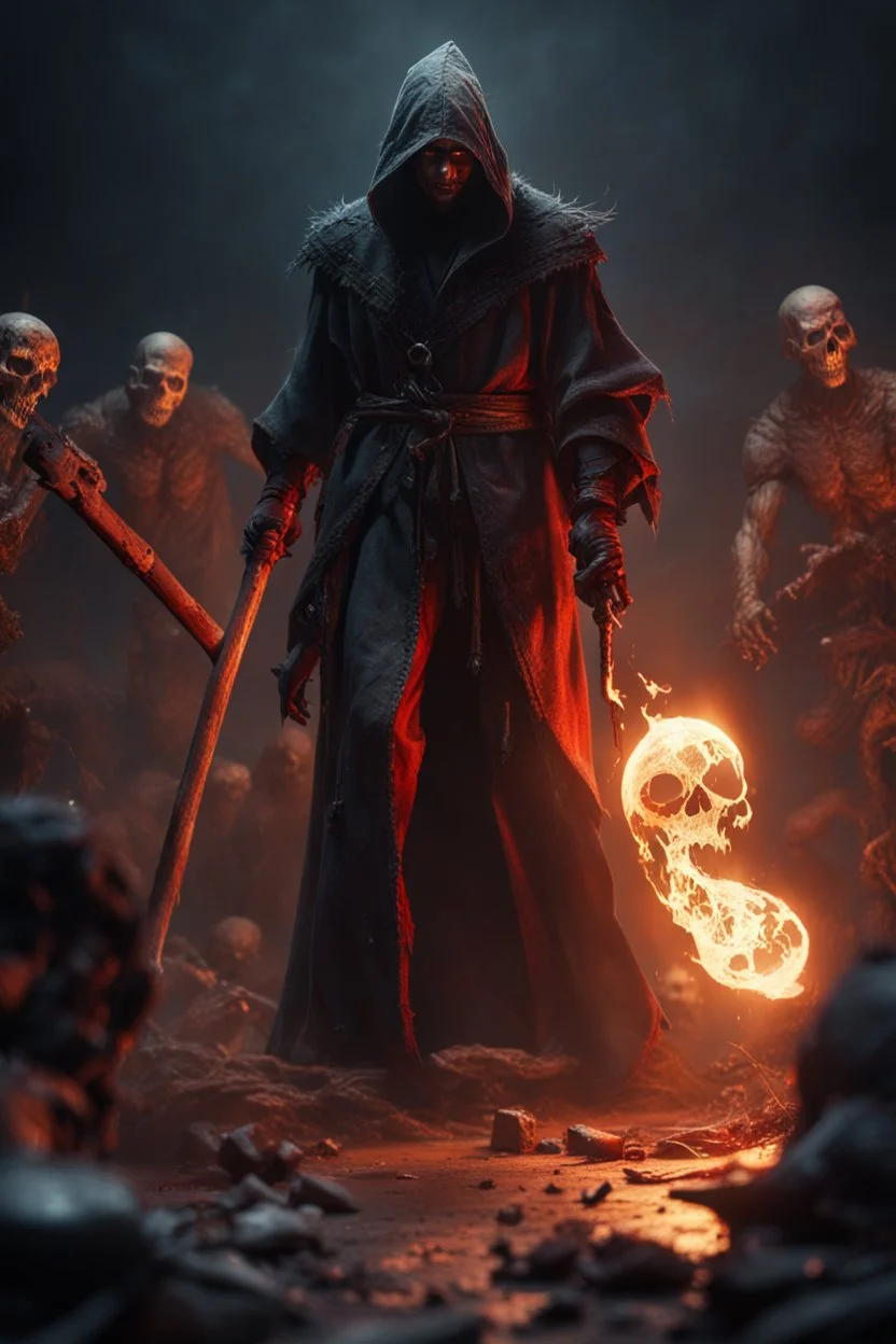 the bloody sorcerer known as The Shadow of Death weilding the staff of destruction.zombies in the background. fantasy art, Cinematic lighting, Volumetric lighting, Epic composition, octane render