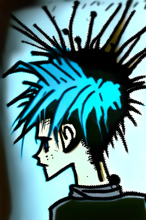 Portrait of 2d drawing of a stickman, cool with punk hair, x eyes like in hangman, view from back and slightly peeking behind, 3d realistic in colour