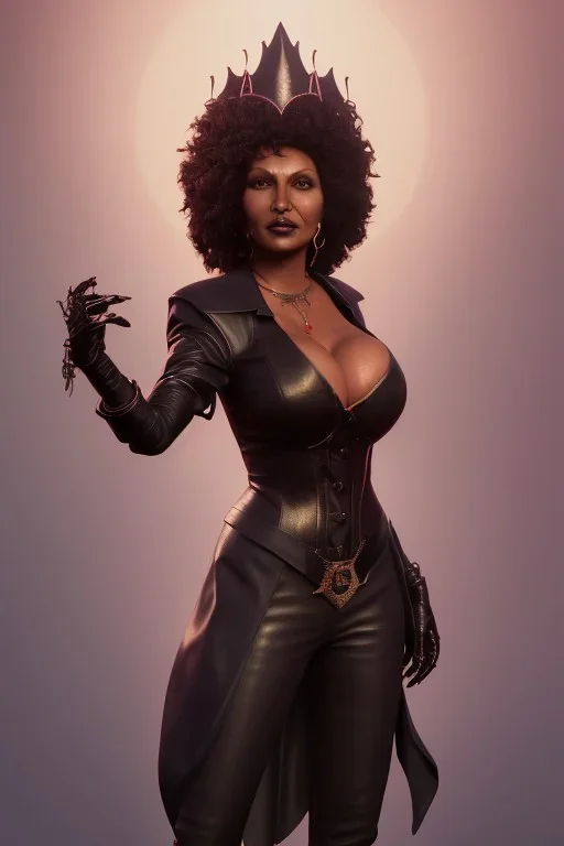 Pam Grier as evil queen in black leather, leather, busty, cleavage, angry, stern look. character design by cory loftis, fenghua zhong, ryohei hase, ismail inceoglu and ruan jia. unreal engine 5, artistic lighting, highly detailed, photorealistic, fantasy