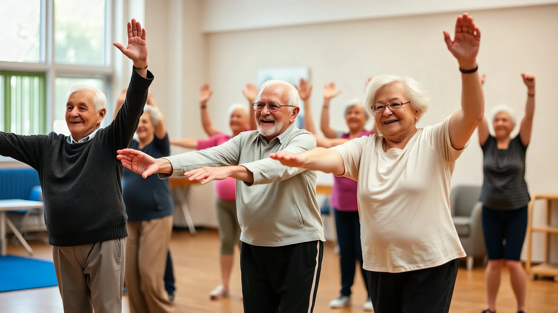 Elderly pensioners doing gymnastics. Everyone is happy. Photographic quality and detail, award-winning image, beautiful composition.