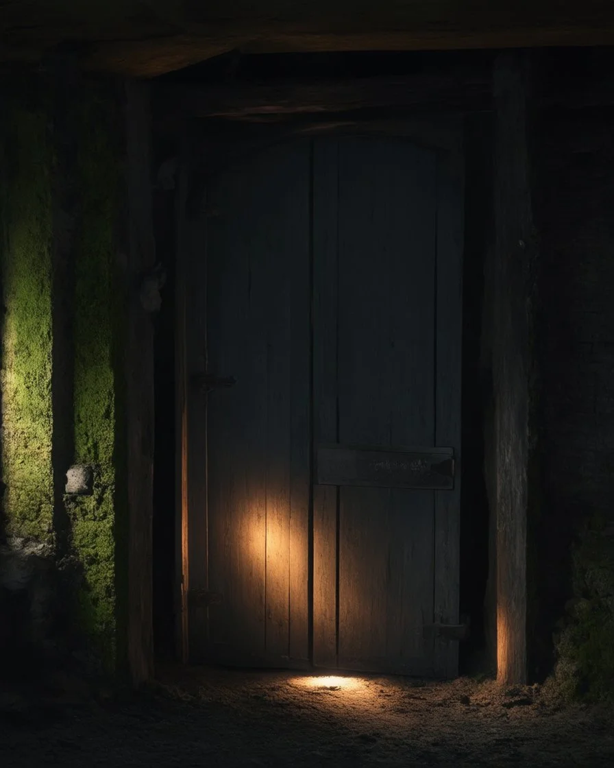 An ancient, weathered door stands in an abandoned house, shrouded in deep, engulfing darkness. The walls are rough and covered in moss and dust, with wooden beams crumbling and floors uneven. The faint light coming from a small particle of the philosopher's stone, placed mysteriously near the door, emits a warm, surreal glow, contrasting with the surrounding darkness. The stone’s light weakly illuminates the nearby area, casting long, eerie shadows. The atmosphere is thick with mystery and tensi