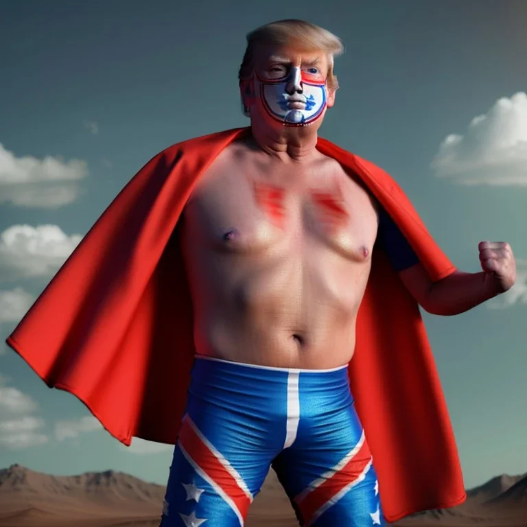 realistic image of donald trump as a mexican wrestling fighter posing outdoors, Mexican eyes wrestling mask, red and blue breeches, sweat and blood, naked torso, confederate flag cape, retro style, 80s, vibrant color, highly detailed, sky background, concept art, unreal engine 5, god rays, ray tracing, RTX, lumen lighting, ultra detail, volumetric lighting, 3d, finely drawn, high definition, high resolution.