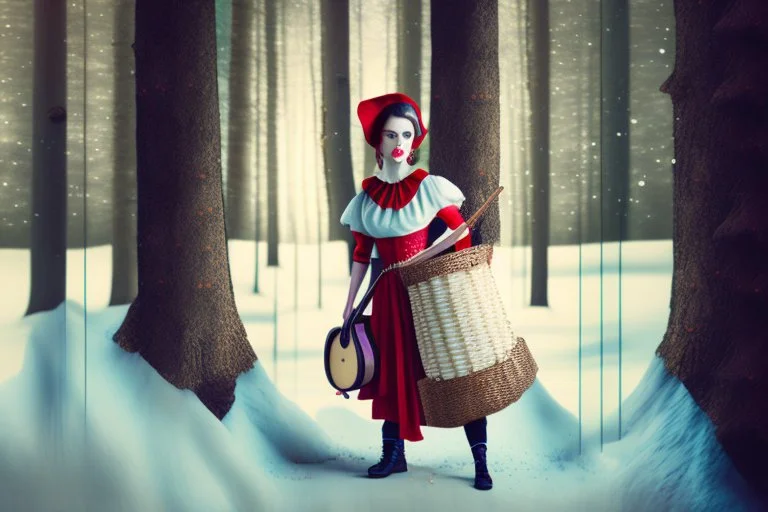 Double exposure, merged layers, Stage, stand-up microphone, drums, guitars, speakers, forest, Hansel and Gretel, Snow White walking with Robin Hood, midwife with an iron nose, Little Red Riding Hood with a basket on her arm, wolf horn on her head in sunshine, ethereal, cinematic postprocessing, bokeh, dof