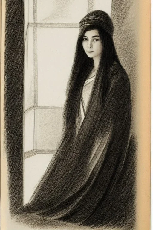 Pencil sketch of Young woman look through the window , Arab features,sad, long wavy hair, full body، on lined paper