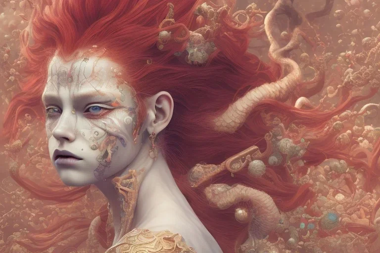 head and shoulders portrait, long red hair, face paint, jester/clown, Takato Yamamoto artist, Akiya Kageichi artist, Jedediah Berry inspired, 8k resolution concept art portrait, dynamic lighting, hyperdetailed, intricately detailed, maximalist, beautiful, peaceful, fire