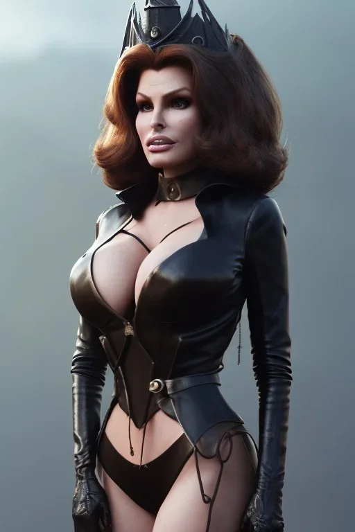 Raquel Welch as evil queen in black leather, leather, busty, cleavage, angry, stern look. character design by cory loftis, fenghua zhong, ryohei hase, ismail inceoglu and ruan jia. unreal engine 5, artistic lighting, highly detailed, photorealistic, fantasy